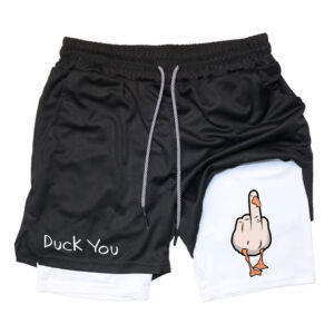 Mens Cartoon Duck Double-Layer Sports Shorts